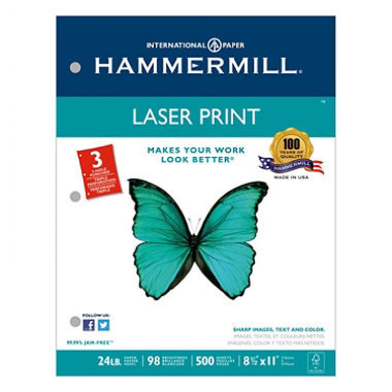 Hammermill - Laser Print Paper, 24lb, 98 Bright, 3 Hole Punched - Ream