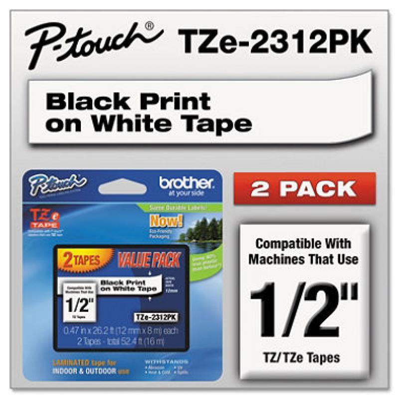 Brother P-Touch - TZe Standard Adhesive Laminated Labeling Tapes, 1/2w, Black on White - 2 ct.