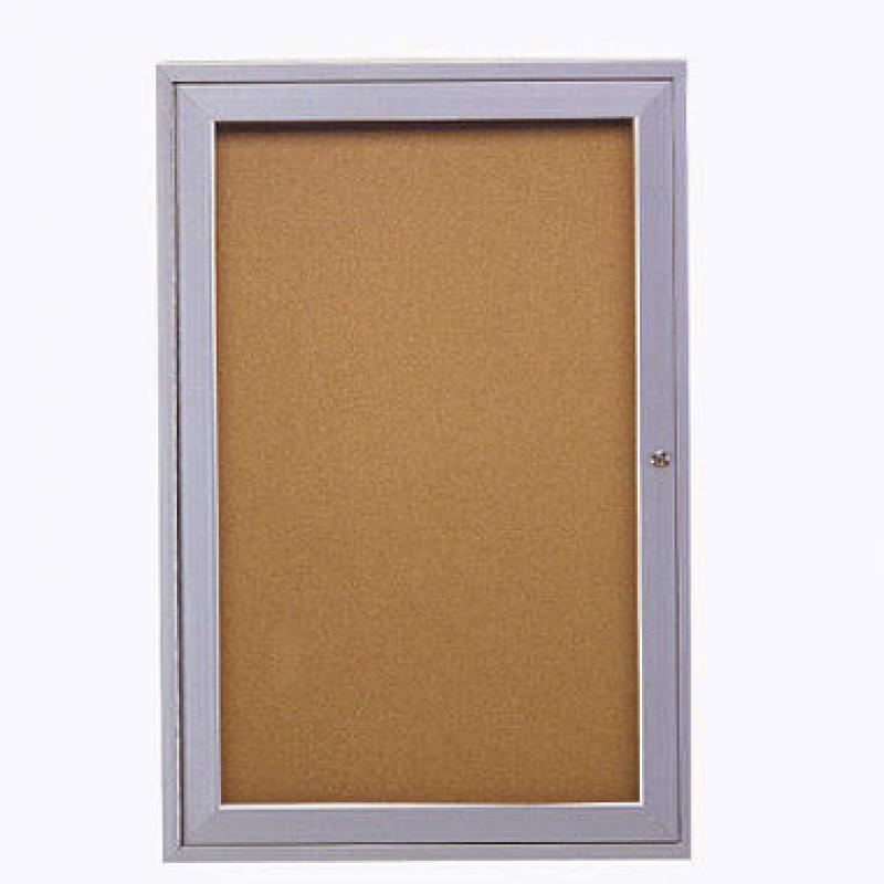 Ghent 1-Door Satin Aluminum Frame Enclosed Bulletin Board, 36" x 24", Natural Cork