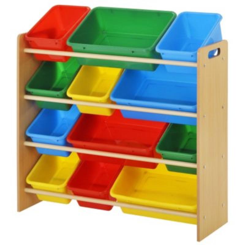 Kids Bin Organizer with 12 Plastic Bins - Bright or Pastel Color Options