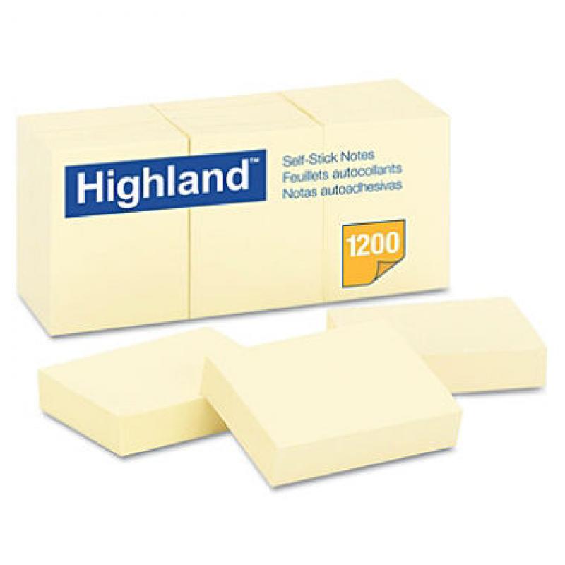 Highland - Self-Stick Pads, 1-1/2 x 2, Yellow, 100 Sheets/Pad - 12 Pads/Pack