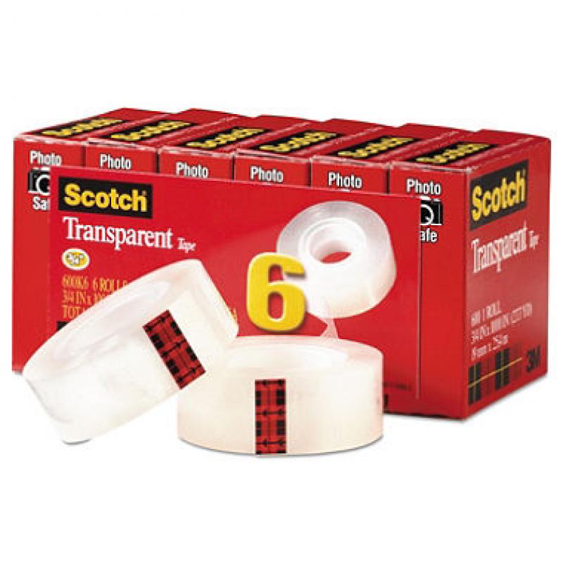 Scotch - Transparent Tape, 3/4" x 1000", 1" Core, Clear - 6/Pack