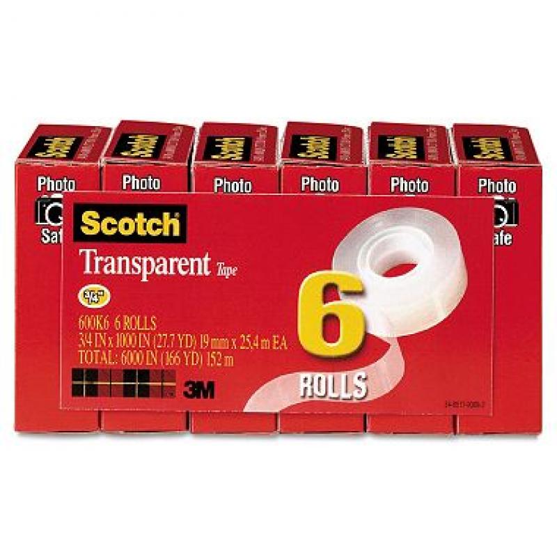 Scotch - Transparent Tape, 3/4" x 1000", 1" Core, Clear - 6/Pack