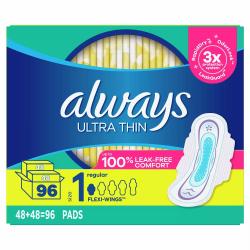 Always Ultra Thin Pads Size 1 Regular Absorbency Unscented with Wings (96 ct.)