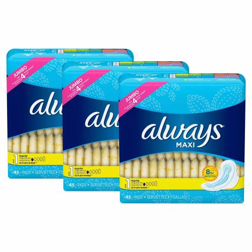 Always Maxi Pads Size 5 Overnight Absorbency Unscented with Wings (54 ct.)