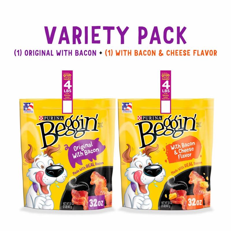 Purina Beggin' Strips Real Meat Dog Treats Variety Pack, Bacon With Bacon & Cheese Flavors - (2) 32 oz. Pouches