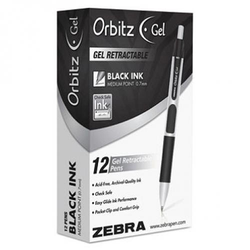 Zebra - Orbitz Roller Ball Retractable Gel Pen, Black Ink, Medium - Dozen