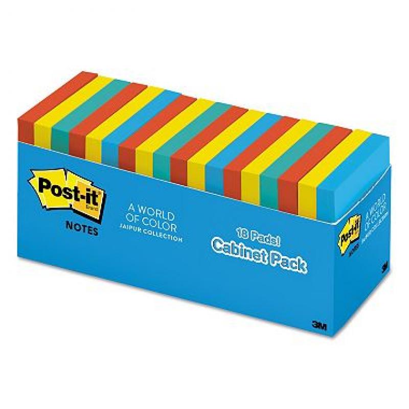 Post-it Notes Original Pads, 3 x 3, 100 Sheet Pads, 18 Pads, 1,800 Total Sheets, Jaipur Collection