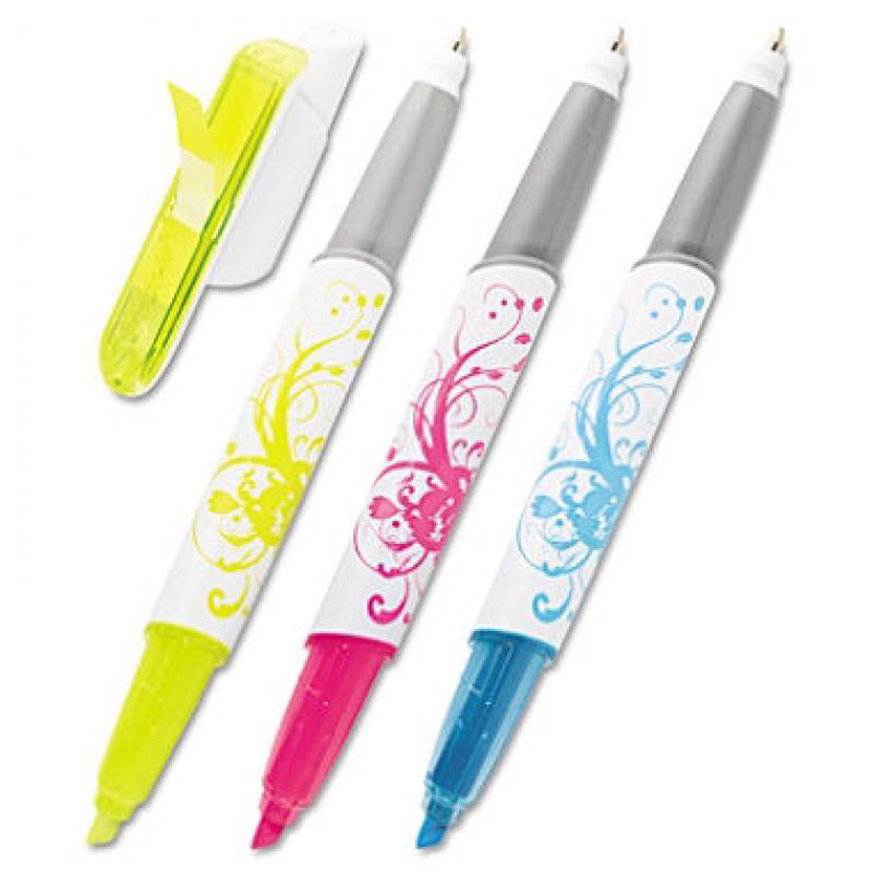 Post-it - Flag Pen and Highlighter, Blue/Pink/Yellow, White Graphic Barrel - 3/Pack