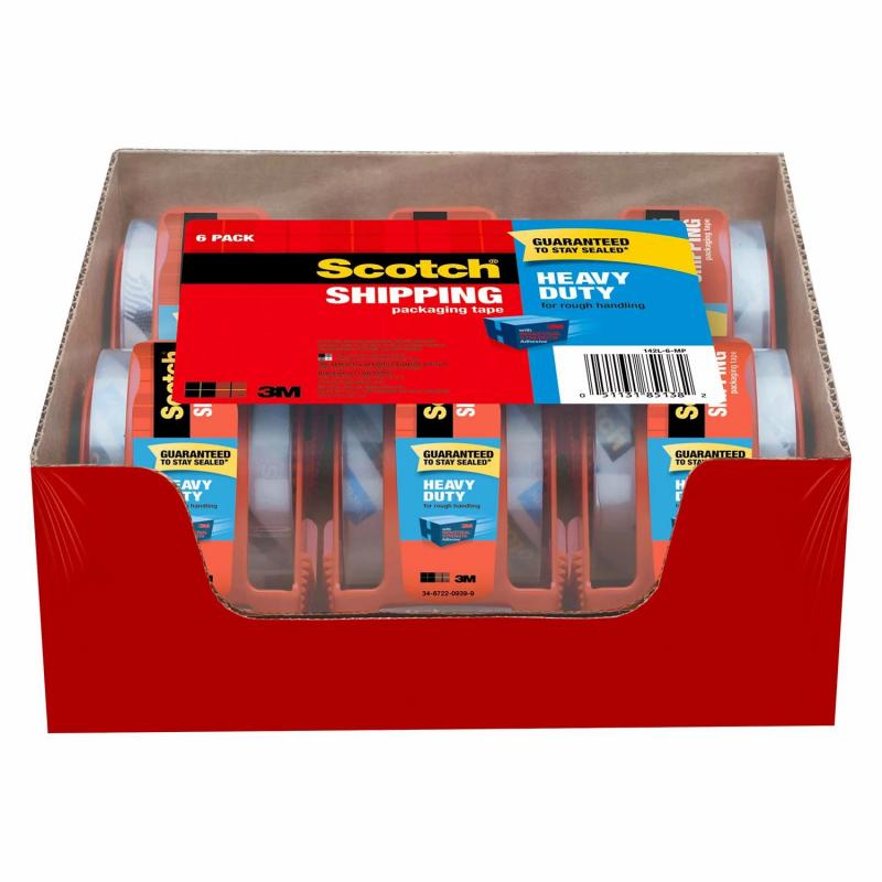 Scotch Heavy Duty Shipping Packaging Tape Dispensers, 2" x 27.7 yd, 6 Pack