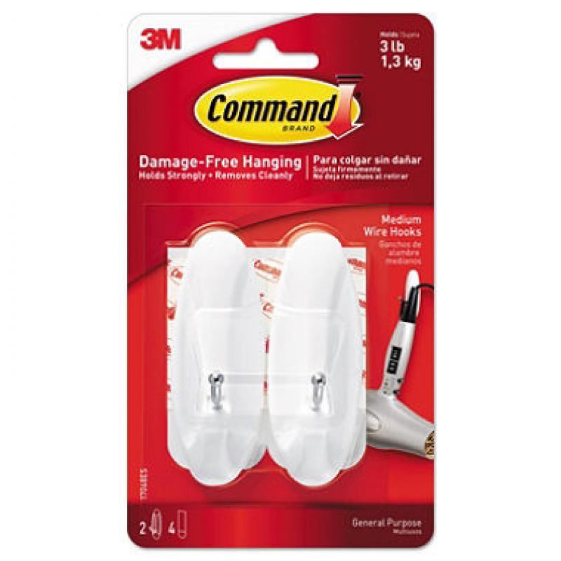 Command™ Hooks, Medium, 3lb Capacity, White, 2 Hooks & 4 Strips