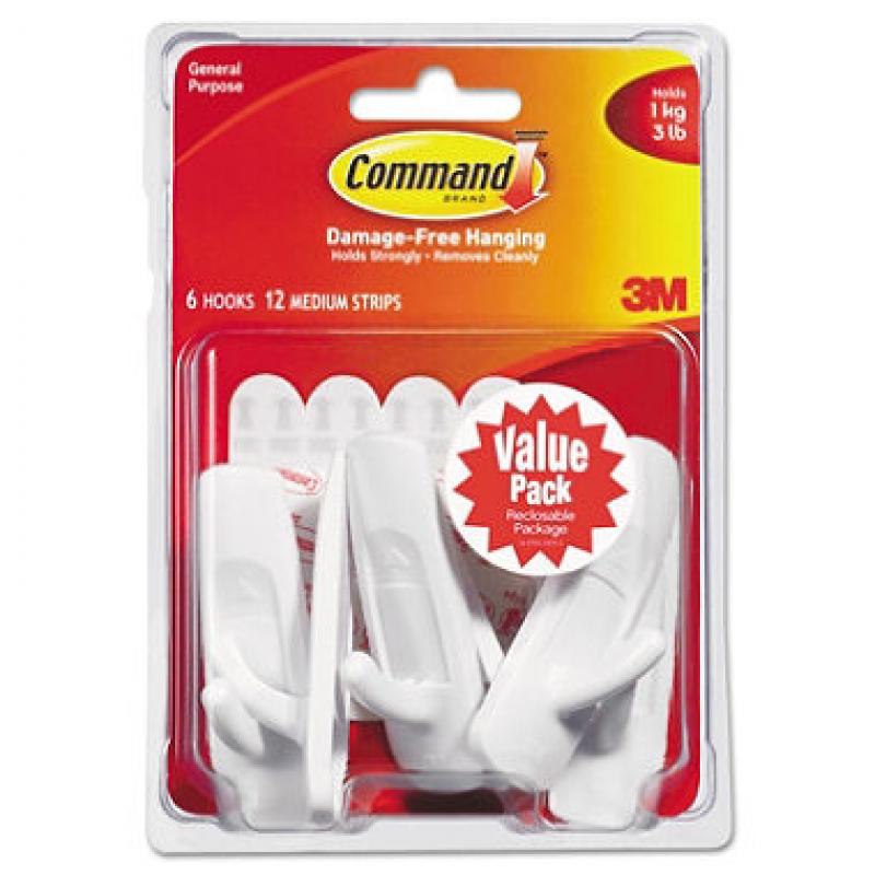 Command™ Hooks, Medium, 3lb Capacity, White, 6 Hooks & 12 Adhesive Strips
