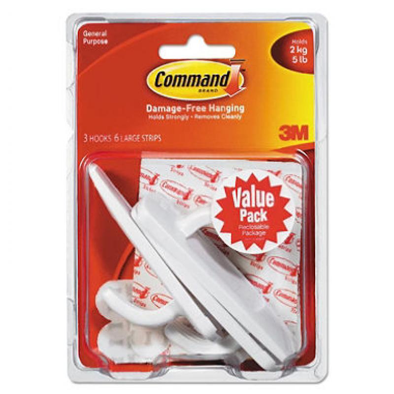 Command™ Hooks, Large, 5lb Capacity, White, 3 Hooks & 6 Adhesive Strips