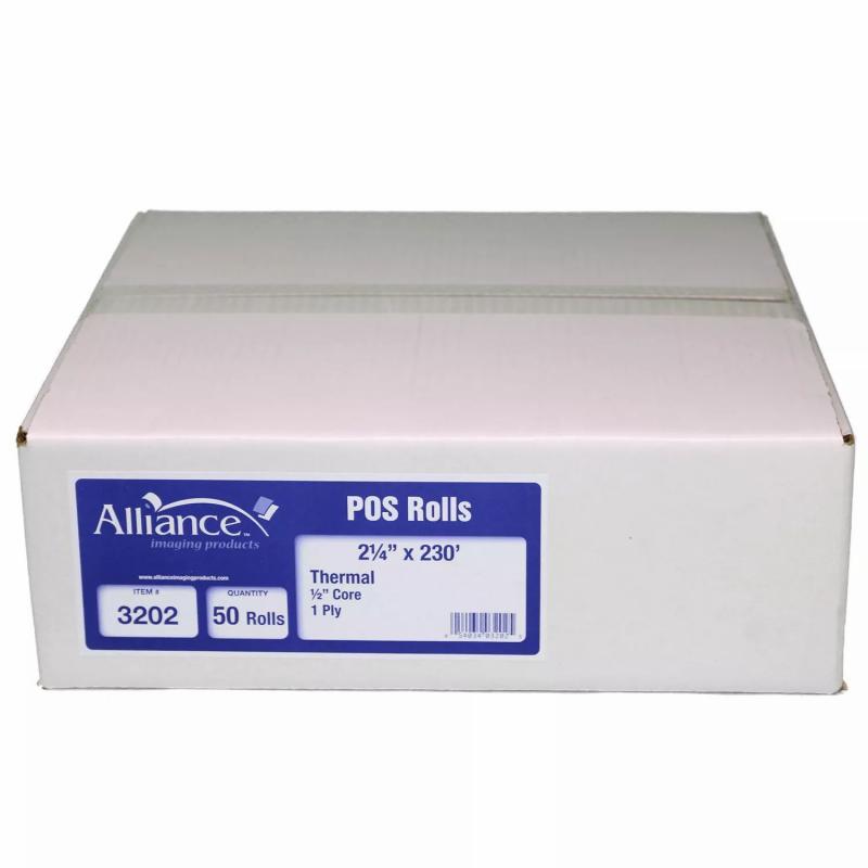 Alliance Thermal Paper Receipt Rolls, 2 1/4" x 230&#039;, White, 50 Rolls