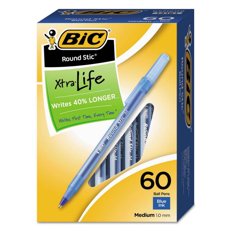 BIC® Round Stic Xtra Life Ballpoint, 1mm, Medium, Blue, 60ct.