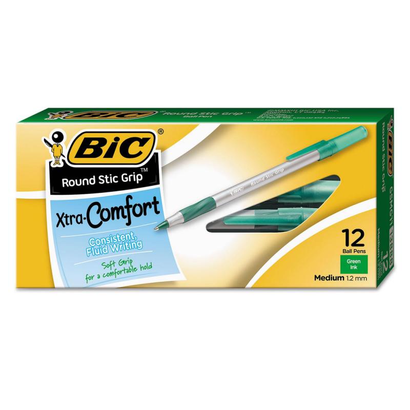 BIC Round Stic Grip Xtra Comfort Ballpoint Pen, Green Ink, 1.2mm, Medium, 12ct.
