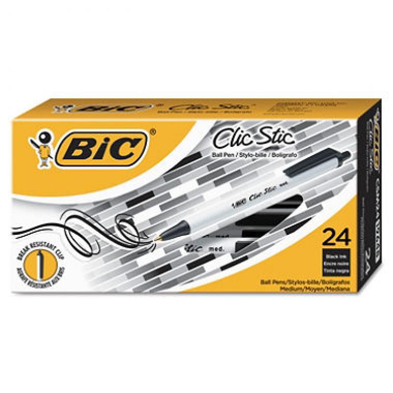 BIC® Clic Stic Retractable Ballpoint Pen, 1mm, Medium, Black, 24pk.