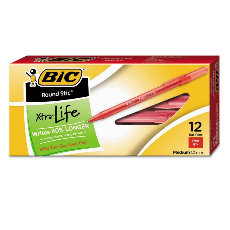 BIC® Round Stic Xtra Precision & Xtra Life Ballpoint Pen, 1mm, Medium, Red, 12pk.