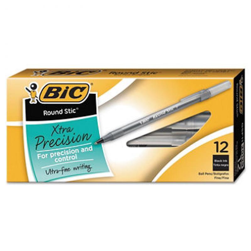 BIC® Round Stic Xtra Precision & Xtra Life Ballpoint Pen, .8mm, Fine, Black, 12pk.