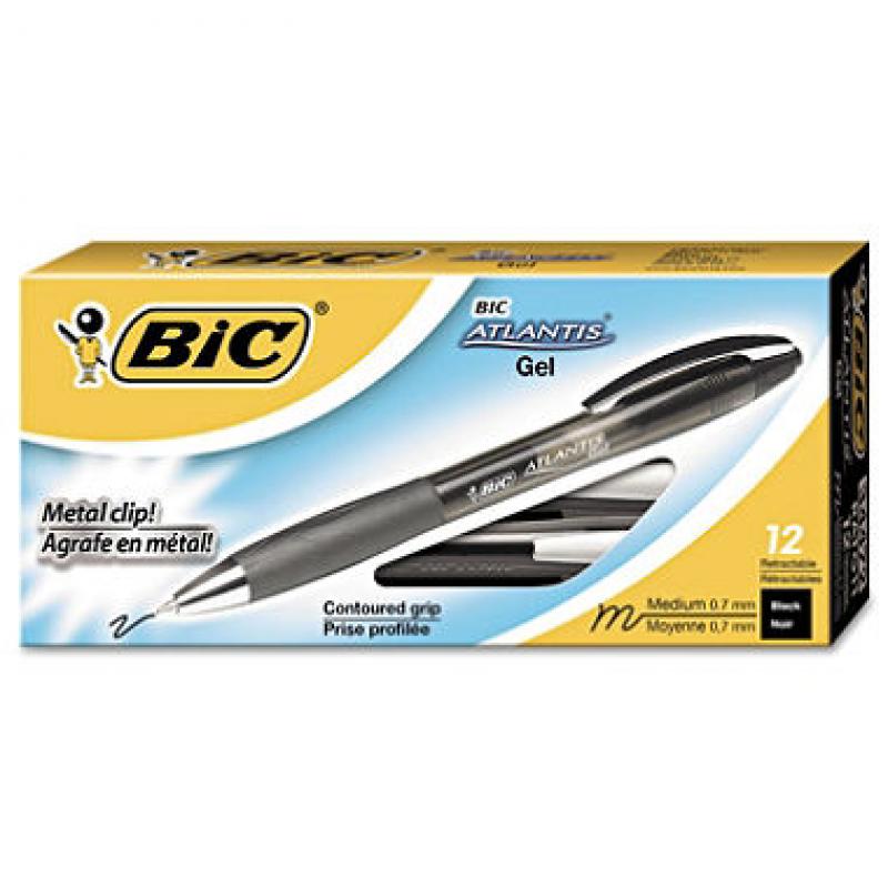 BIC® Atlantis Retractable Gel Pen, .7mm, Medium, Black, 12pk.