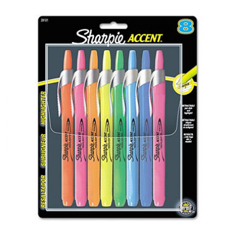 Sharpie - Accent Retractable Highlighters, Chisel Tip, Assorted Colors - 8/Set