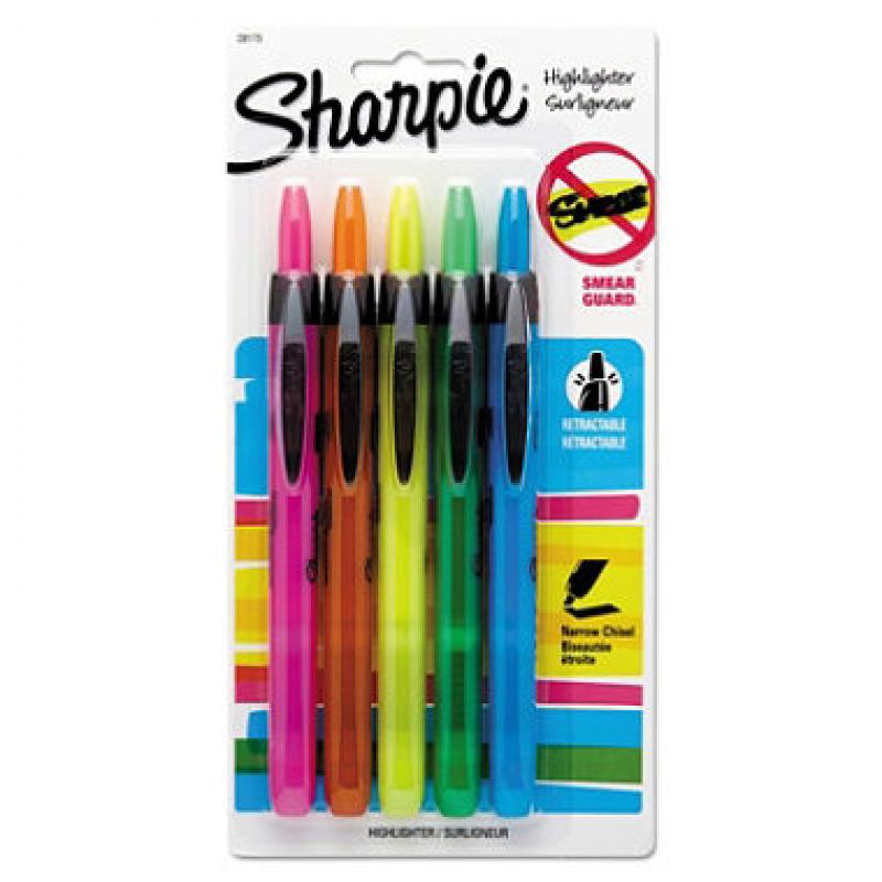 Sharpie - Retractable Highlighters, Chisel Tip, Assorted Fluorescent Colors - 5/Set (pak of 2)