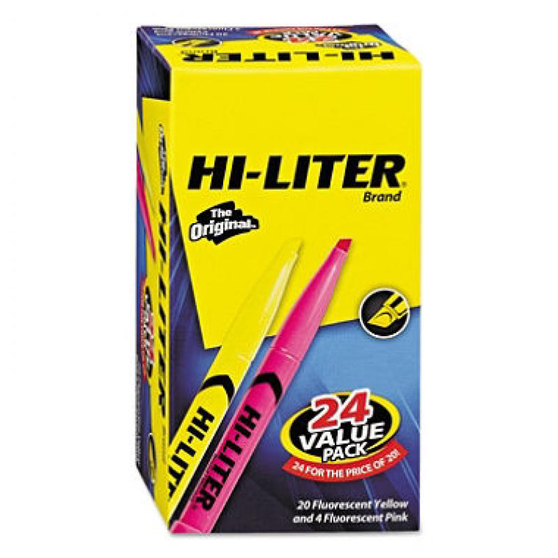 HI-LITER - Highlighter, Pen-Style Chisel Tip, 20 Yellow/4 Pink - 24/Pack