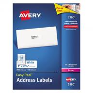 Avery 5160 Easy Peel Address Labels, Laser, 1 x 2 5/8, White, 3,000 Labels