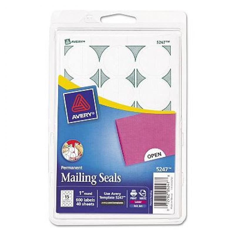 Avery - Print or Write Mailing Seals, 1in dia., White, 600 per Pack