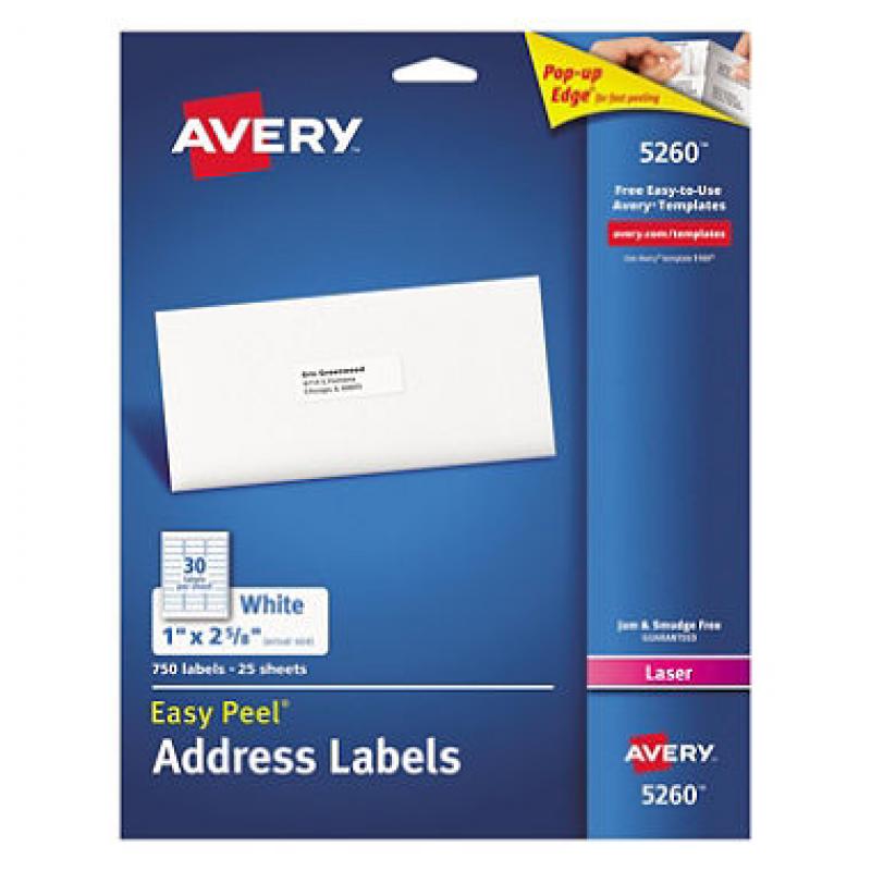 Avery Easy Peel Address Labels, Laser, 1 x 2 5/8, White, 750 Labels