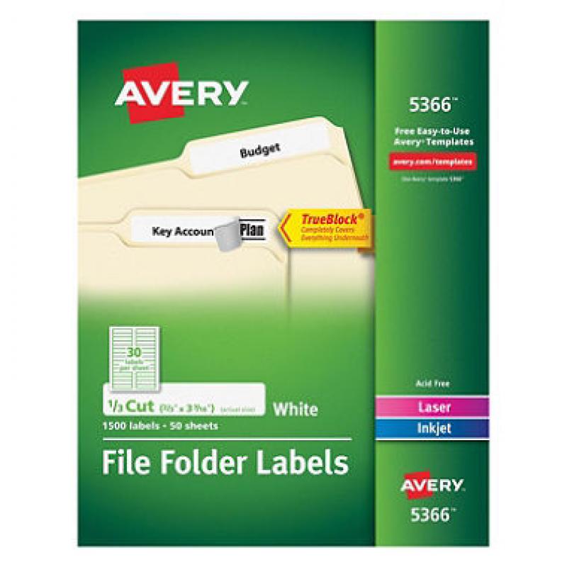 Avery 1/3 Tab File Folder Lables, White, 1,500