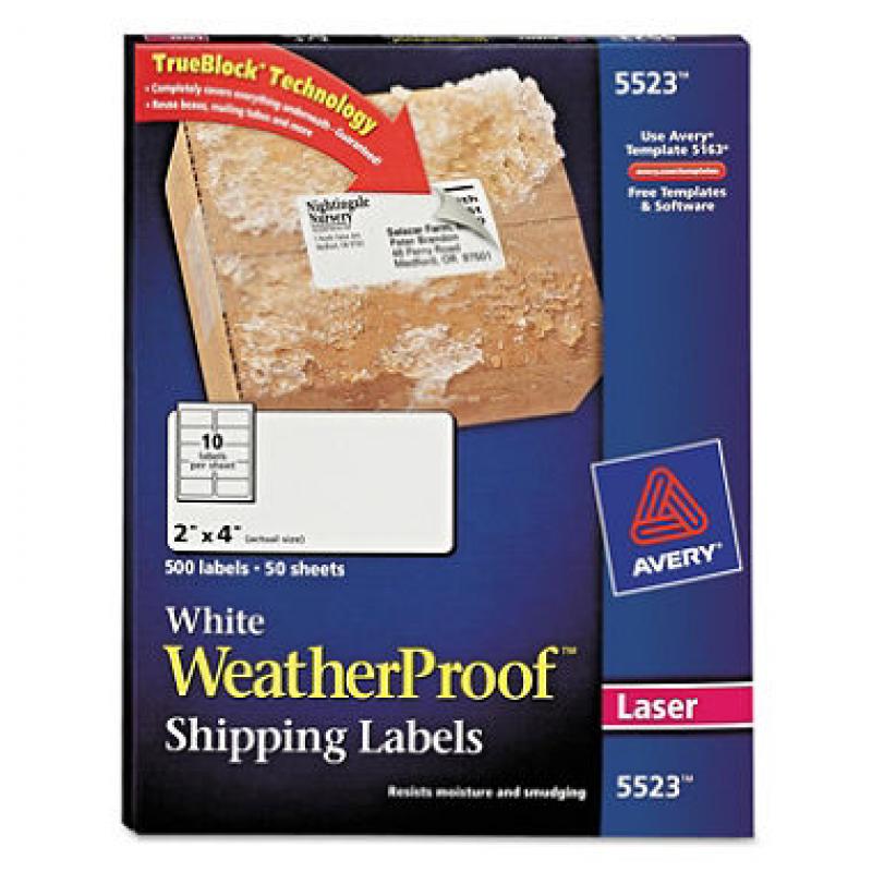 Avery White Weatherproof Laser Shipping Labels, 2 x 4, 500 per Pack