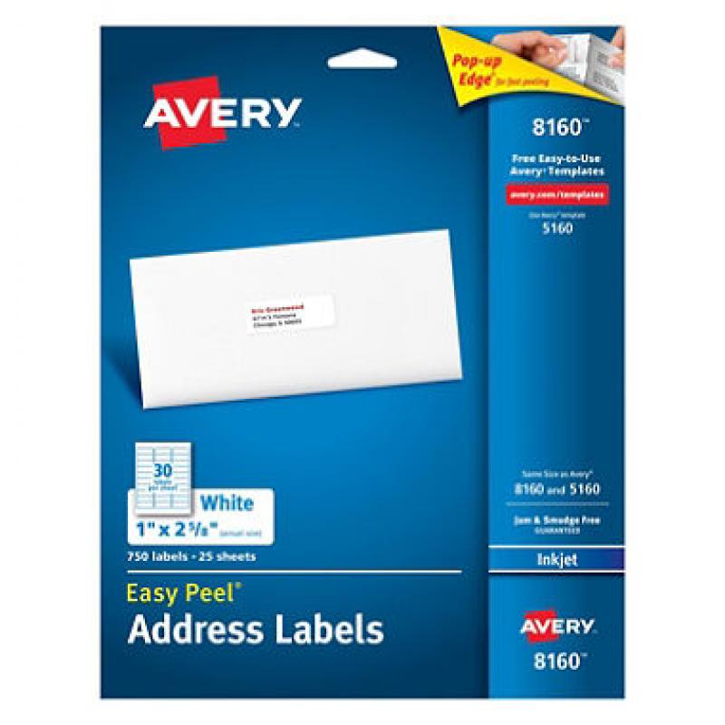 Avery 8160 Inkjet Address Labels - 1 x 2-5/8" - White - 750 ct.