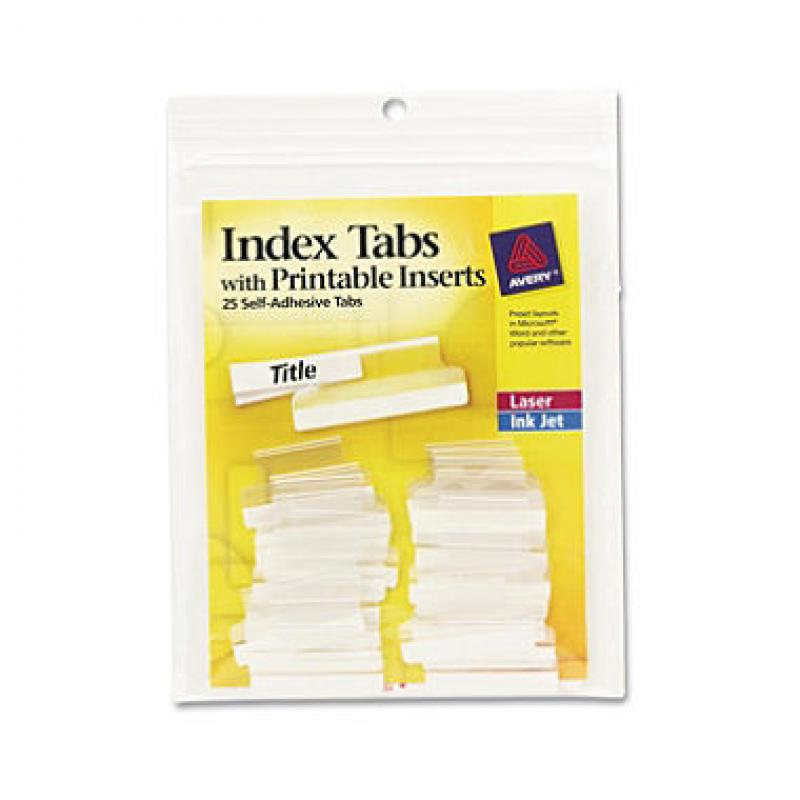 Avery Insertable Self-Adhesive Index Tabs wtih Laser Printable Inserts, One, Clear Tab, 25ct.