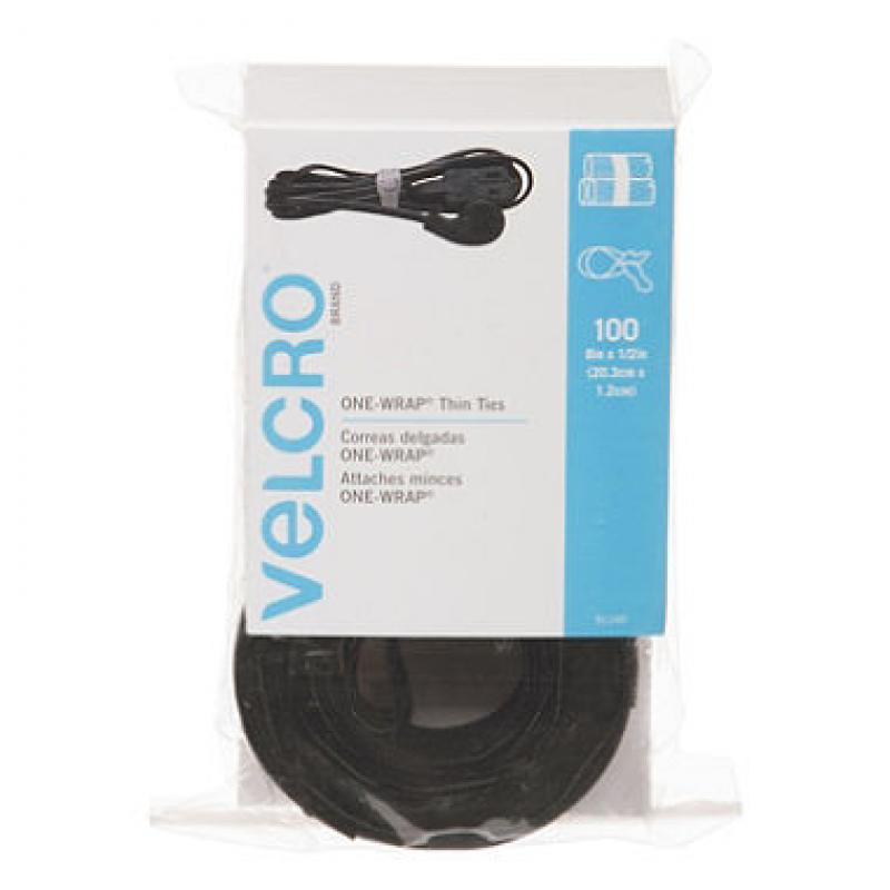 Velcro - Reusable Self-Gripping Cable Ties, 1/2 x Eight Inches, Black, 100 Ties per Pack