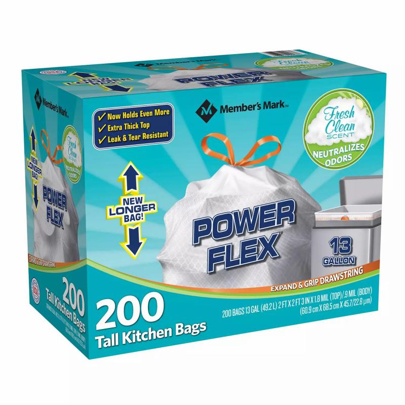 Member&#039;s Mark Power Flex Tall Kitchen Drawstring Trash Bags (13 Gallon, 2 Rolls of 100 ct., 200 count total)