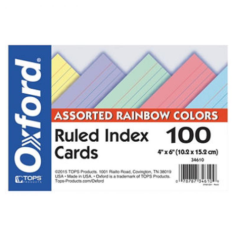 Oxford - Index Cards, Ruled, 4 x 6", Assorted Colors - 100 Cards