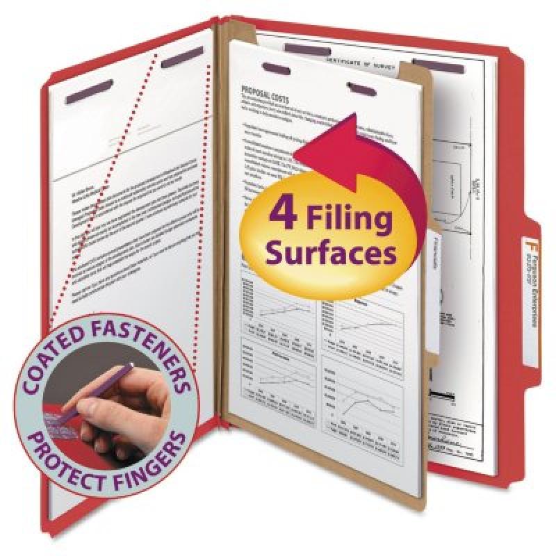 Smead Pressboard Classification Folders with Fasteners, Four Sections, Letter, Bright Red 10ct.