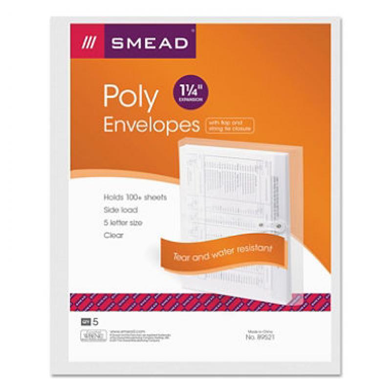 Smead 1 1/4" Side Load String & Button Booklet Envelope, Poly, Letter, Clear, 5ct.
