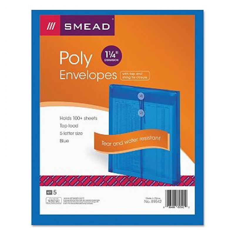 Smead 1 1/4" Top Load String & Button Booklet Envelope, Poly, Letter, Blue, 5ct.