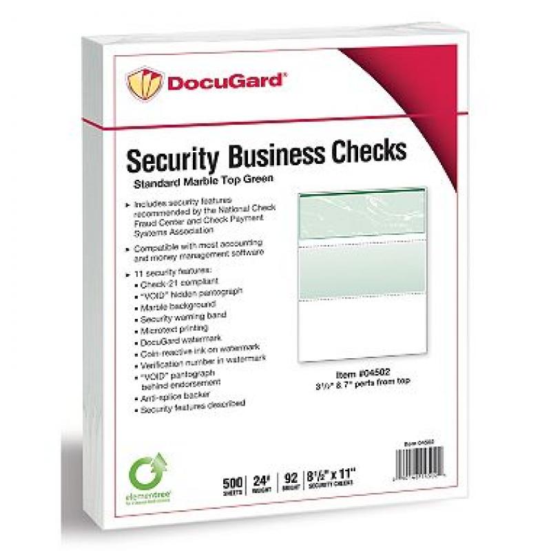 Docuguard - Standard Security Check, Green Marble, Top, 24 lb, Letter - 500/Ream
