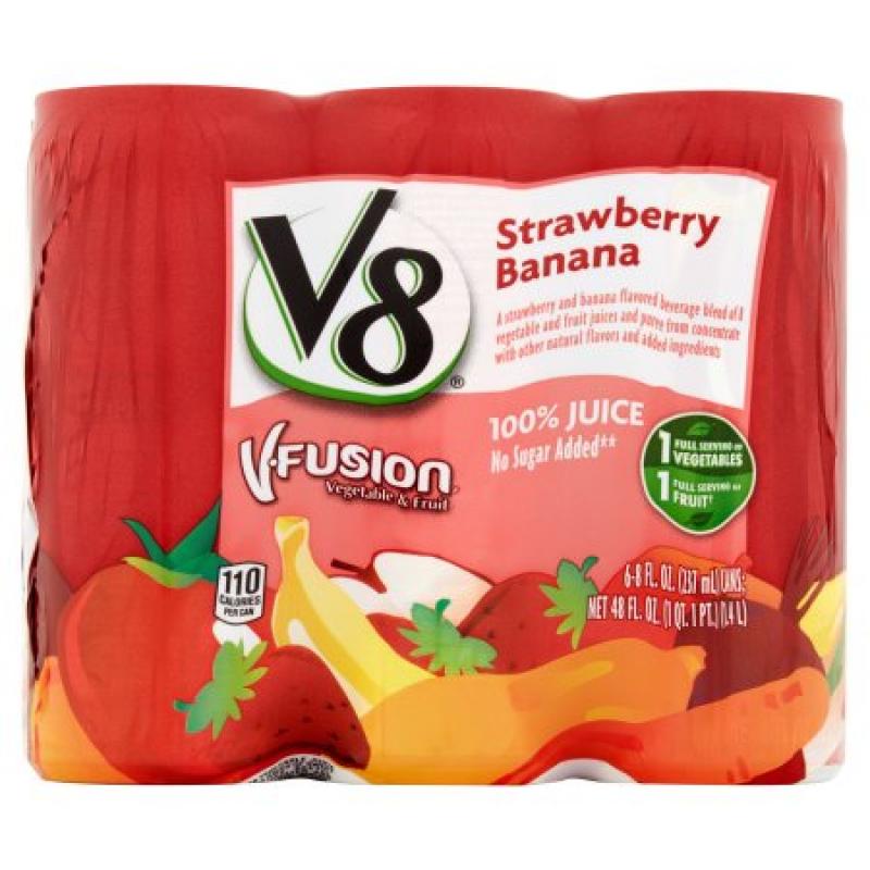 V8 V-Fusion Vegetable & Fruit Strawberry Banana 100% Juice, 8 fl oz, 6 cans