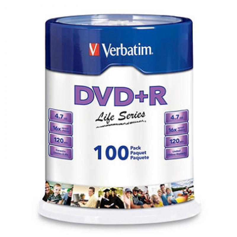 Verbatim DVD+R Life Series 4.7GB 16x, 100 Pack