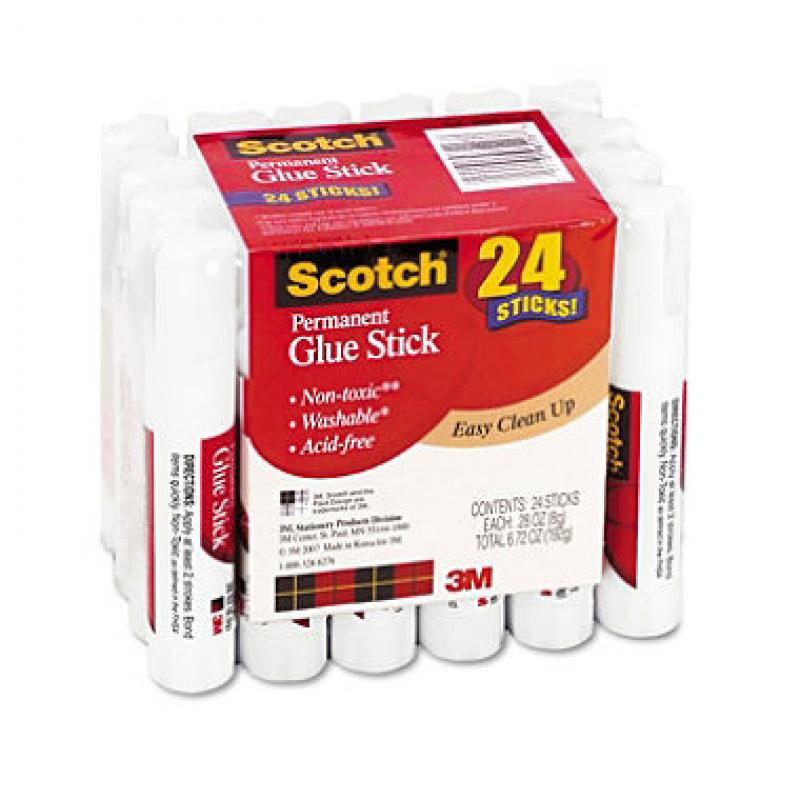 Scotch Permanent Glue Sticks, .28 oz Sticks., 24pk.