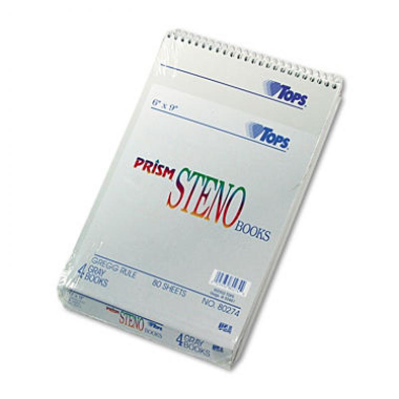 TOPS - Spiral Steno Notebook, Gregg Rule, 6 x 9, Gray - 4 80-Sheet Pads/Pack