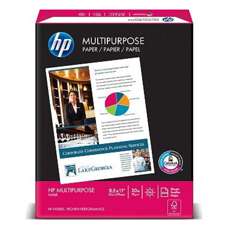 HP Multipurpose Paper, 20lb, 96 Bright, Letter, White, 2500 Sheets/Carton