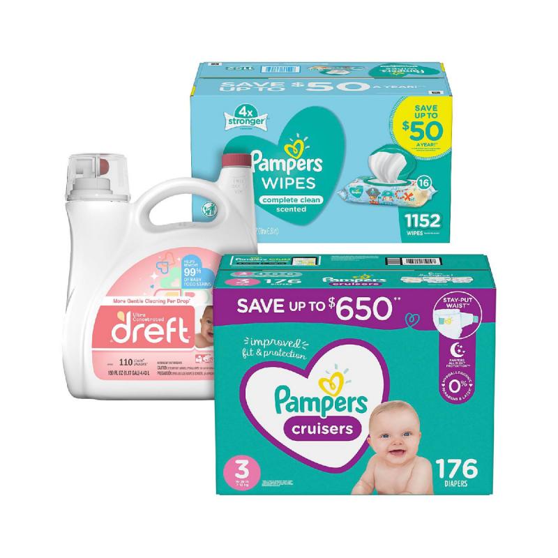 Pampers Cruisers Diaper, Wipe and Dreft Bundle (Choose Your Size)
