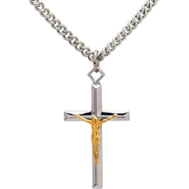 Two-Tone Sterling Silver Crucifix Pendant, 24" Stainless Steel Chain