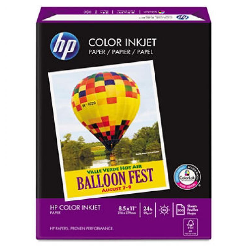HP Color Inkjet Paper, 24lb, 96 Bright, 8 1/2 x 11, White, 500 Sheets/Ream