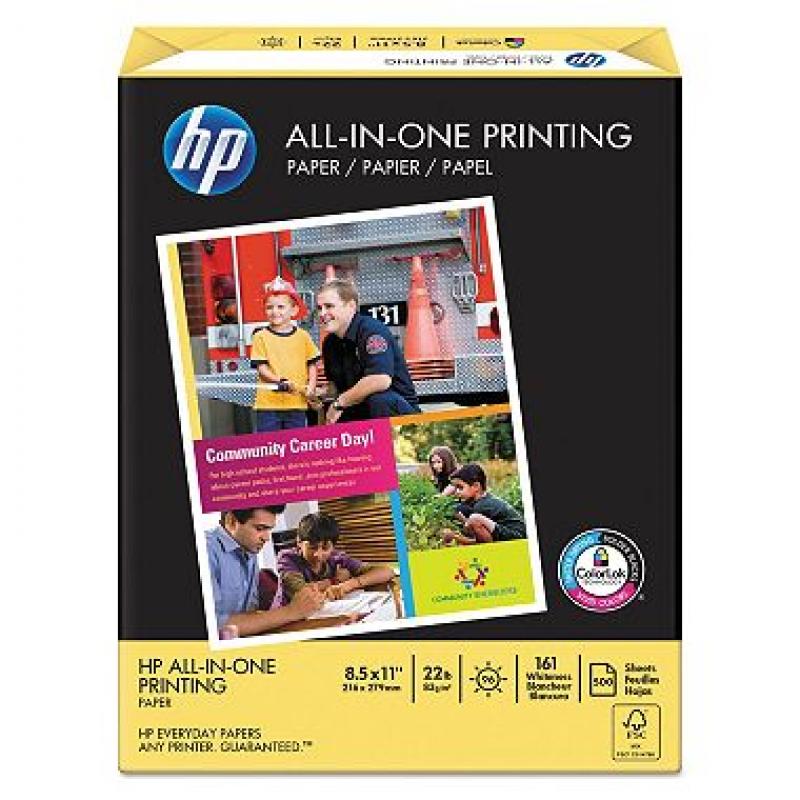 HP All-In-One Printing Paper, 22lb, 96 Bright, 8 1/2 x 11, White, 500 Sheets/Ream